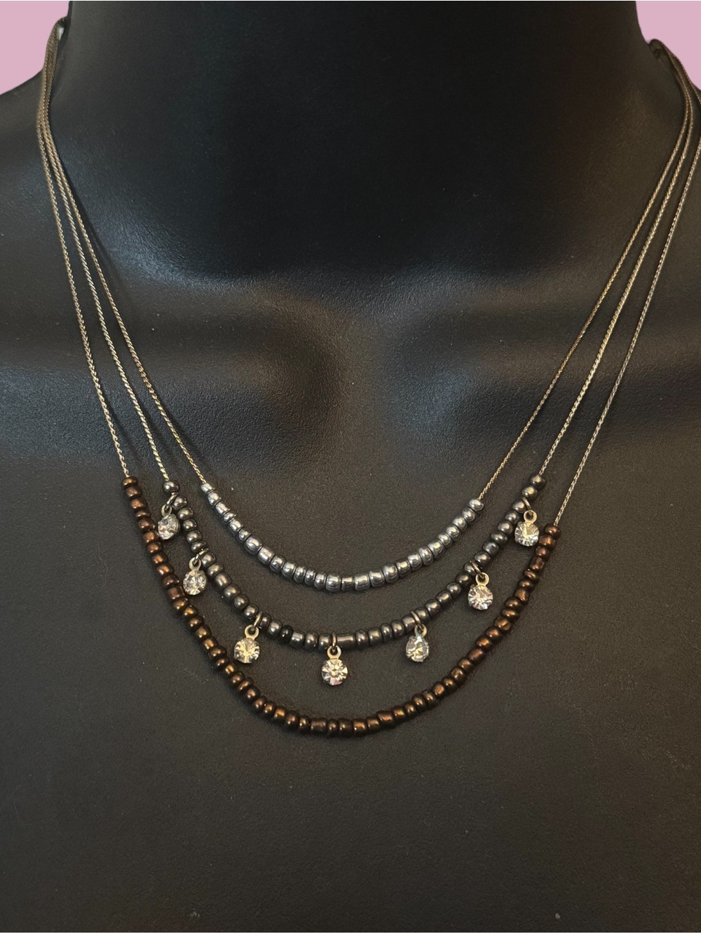 Two tone multi layered strand crystal dangle necklace